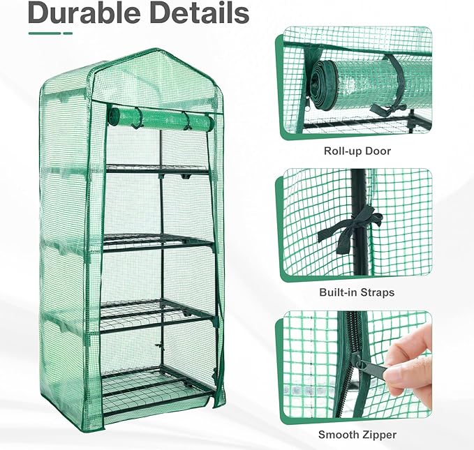 Aoodor 27x19x63 Inch 4 Tier Upgrade Greenhouse with Protective PE/PVC Base for Tidier and Cleaner Indoor Outdoor Gardening on The Deck Patio or Backyard Green