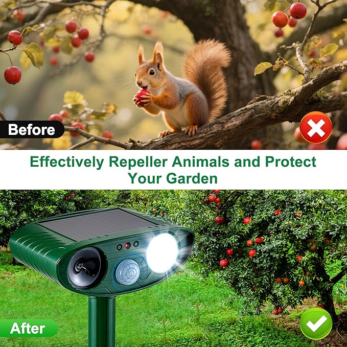 4 Pack Solar Animal Repeller for Raccoons Deer &amp Squirrels - Ultrasonic &amp Strobe Light Outdoor Deterrent for Cats Dogs Raccoons Rabbits Skunks Foxes &amp More