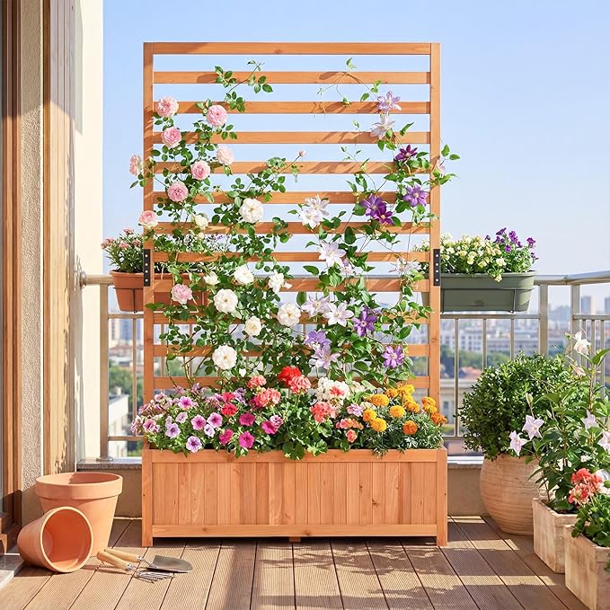Raised Garden Bed Fir Wood Elevated Planter with Climbing Trellis &amp Fitted Liner All-in-One Planter for Patio Balcony Rooftop Sunroom Outdoor Urban Gardeners &amp Plant Lovers Orange ﻿ (1)