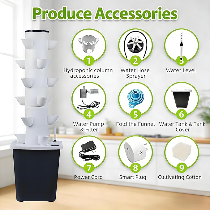 Aeroponics Kit Hydroponic Tower Garden Hydroponic Tower 30 Planting Chambers Suitable for Herbs and Fruits Includes Water Pump/Adapter/Net Basin 5layers25holes