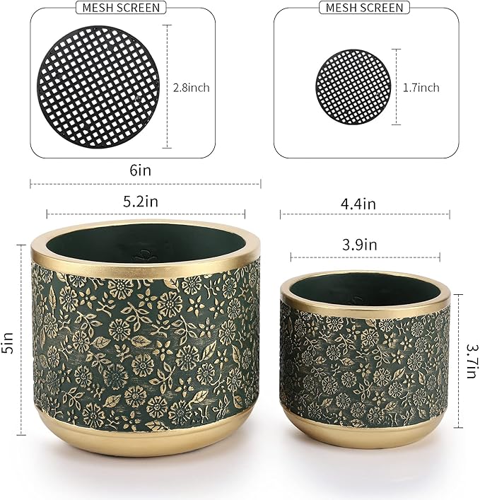 6 +4.4 Inch Cement Planter Decorative Pots with Drainage Hole for All House Plants Succulents Flowers and Cactus (Green)