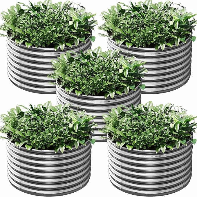 5 Pack 3x3FT Round Corrugated Galvanized Steel Raised Garden Bed Outdoor Metal Above Ground Garden Bed for Vegetables and Flowers Raised Beds for Gardening-3x3FTx10Inch