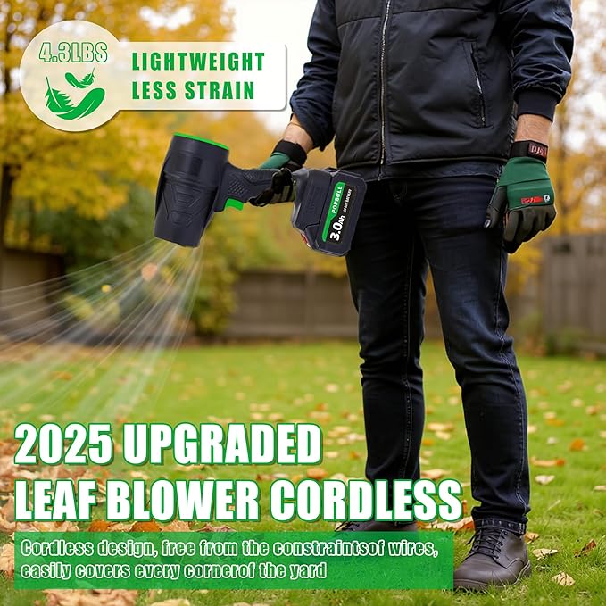 Leaf Blower 21V Cordless Blower with 2 x 3.0Ah Batteries and 1 Hour Fast Charger Lightweight Leaf Blower for Patio Cleaning Lawn Care Blowing Fallen Leaves and Dust etc.