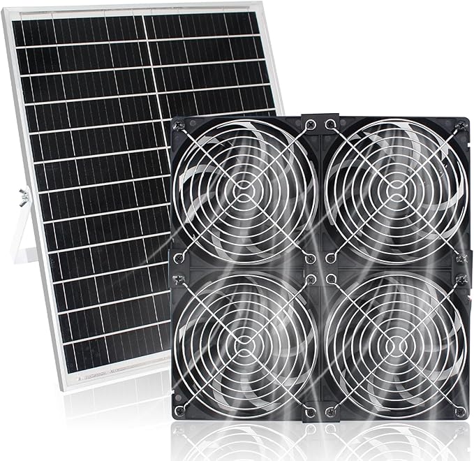 20W Solar Powered Exhaust Fan Kit with Solar Panel &amp 4-Pack High-Speed Brushless DC Fans 2600RPM 9.8ft Cord Waterproof for Greenhouses AtticShedBarnDog House