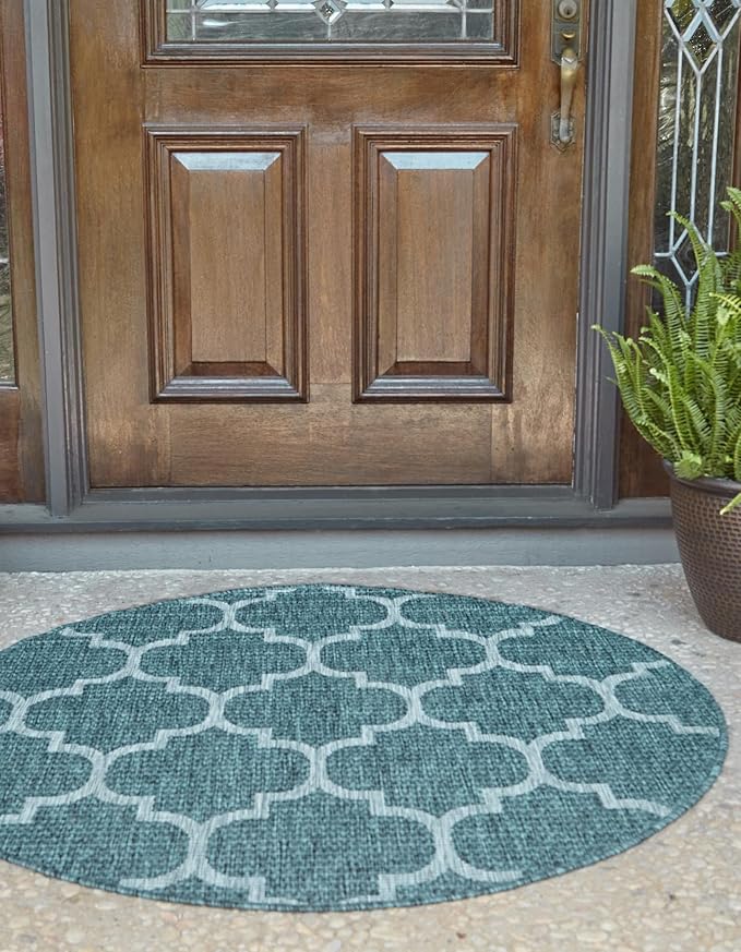 Unique Loom Outdoor Trellis Collection Area Rug (3' 3 Round Teal/ Gray)