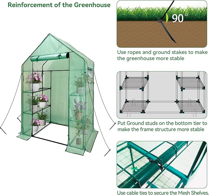 Heyfurni Walk in Greenhouse with ShelvesWalk-in Plant Green House with Durable Green PE Cover 3 Tiers 6 Shelves Stands with Ground Pegs &amp Ropes for Stability 56x28x76