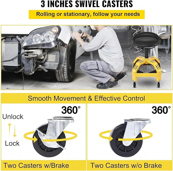 Rolling Garage Stool 300Lbs Capacity Adjustable Height 24 28.7In 360 Swivel Wheels Tool Tray for Workshop Auto Repair