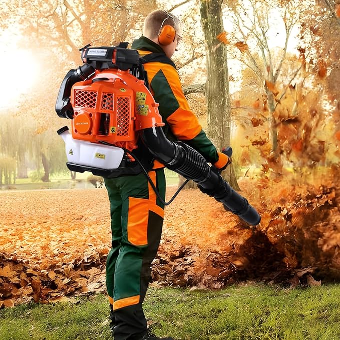 High Power Backpack Leaf Blower52cc Backpack Leaf Blowers Gas Powered550 CFM 2 Stroke with 1.2L Fuel TankAir Cooling Gasoline Grass Blowers for Sand Gravel Snow Yard and Driveway (Orange（80CC）)
