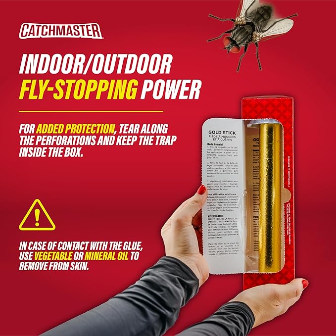 Catchmaster Gold Stick Fly Trap 4-Pk Bug &amp Fruit Fly Traps for Indoors &amp Outdoors Premium Adhesive Mosquito Gnat &amp Bug Catcher Insect Killer Bulk Pest Control for Home