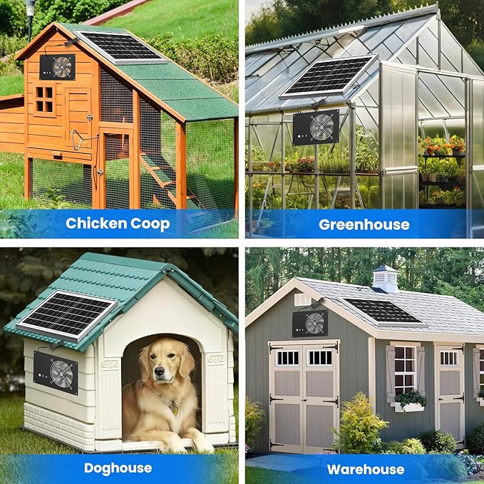 Solar Fan with Battery 15000 mAh and Timer - 25W Powered Exhaust Fan High Wind Speed Rainproof for Outdoor Greenhouse Chicken Coop Doghouses Shed Vent Windows