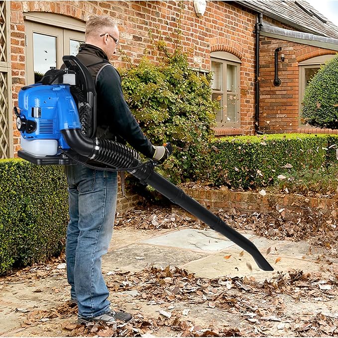 75.6CC Backpack Leaf Blower 750CFM 205MPH 4-Stroke Engine Gas Leaf Blower Back Pack Leaf Blowers Gas Leaf &amp Snow Blower for Lawn Garden &amp Commercial Use Blue BBX9900