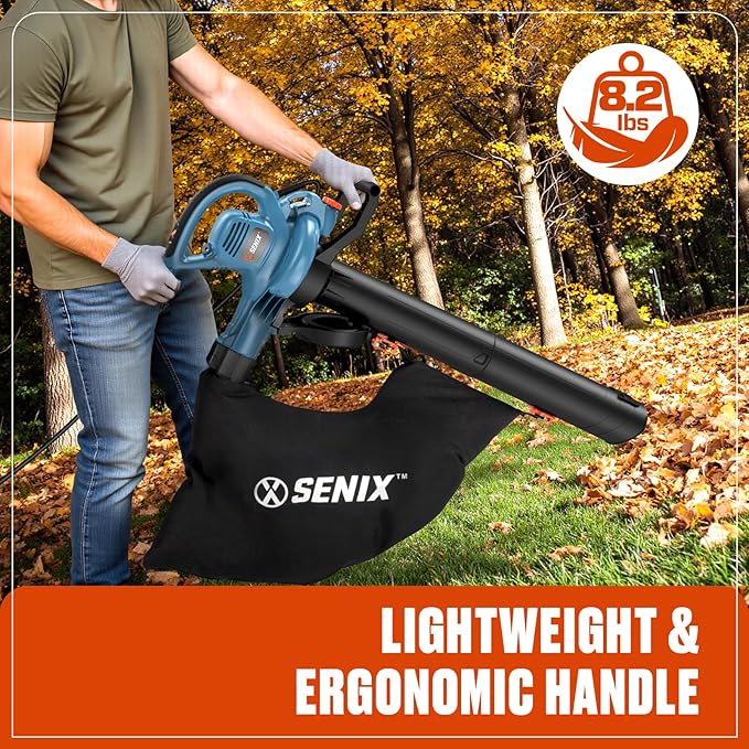 SENIX 12 AMP Leaf Blower 3-in-1 Handheld Electric Leaf Blower Vacuum and Mulcher 420 CFM 179 MPH AirflowCorded Blowers with Reusable Collection Bag (BLVE12-M)