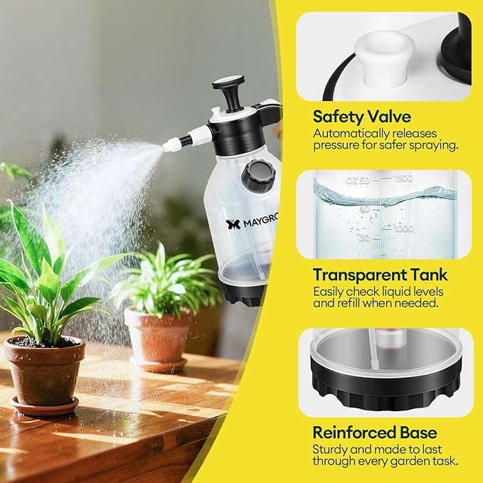 0.4 Gal Pump Sprayer Hand Water Spray Bottle for Indoor Plant Clear Plant Sprayer with Side Filling Port Measuring Cup Adjustable Nozzles Safe Pressure Relief Valve