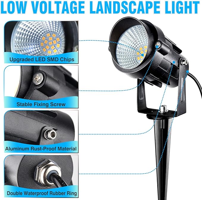 7W Low Voltage Landscape Lighting with Connectors AC/DC 12-24V IP67 Waterproof 3000K Warm White Outdoor Spotlights for Yard Pathway Garden Trees (2 Pack)