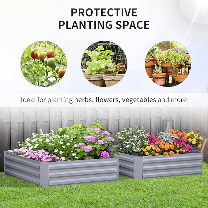2 Pcs Galvanized Raised Garden Bed 3.3' x 3.3' x 1' Metal Planter Box for Growing Vegetables Flowers Herbs Succulents Gray