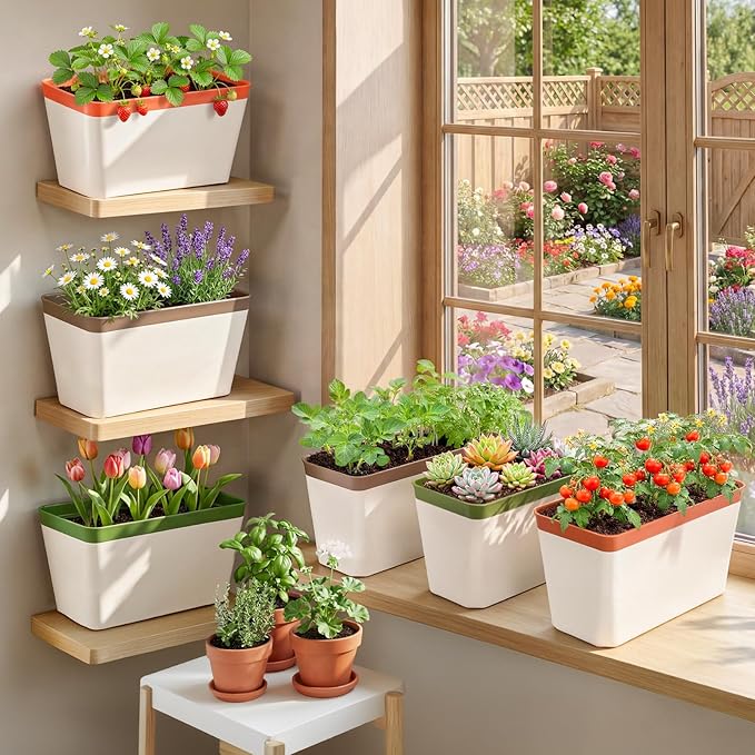 OurWarm Self Watering Pots for Indoor Plants 6 Pack 10.5 Inch Plastic Window Herb Planter Box with Water Level Indicator Modern Decorative Windowsill Planters for Herbs Flowers Seedlings