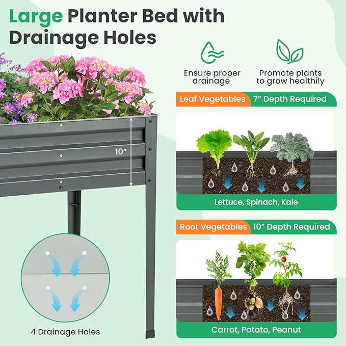 Giantex Raised Garden Bed with Legs 46”x24”x32” Galvanized Steel Planter Box with Drainage Holes for Vegetables Flowers &amp Fruits Freestanding Elevated Planting Bed Easy Assembly (Grey)