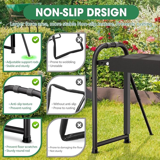 Heavy Duty Garden Kneeler &amp Seat with Support Legs 400lbs Capacity Foldable Gardening Stool Extra Thick Pad &amp Large Tool Organizer Bag Ergonomic for Seniors - Dark Black