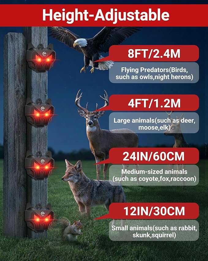 Solar Coyote Deterrent Predator Lights - Nocturnal Animal Repeller with Red LED Flashing Lights for Chicken Coop Yard &amp Garden Protection Against Raccoons Foxes Deer Skunks Hawks