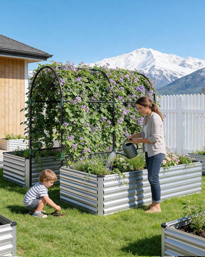 FOOWIN Raised Garden Bed with Arch Trellis for Climbing PlantsGalvanized Raised Garden BedPlanter Boxes Outdoor for Vegetables Flowers Herb478 Gallon Capacity Silver