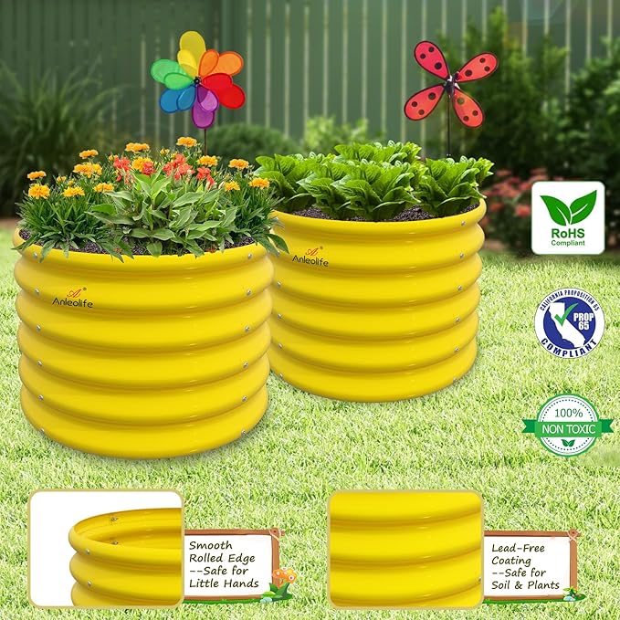 A ANLEOLIFE Kids Mini Raised Garden Beds Outdoor (4-Pack)-24x24x18in Round Galvanized Metal Planter Box for Planting Vegetables Flowers Fruits Eco-Safe &amp Easy Setup Sunlit Gold