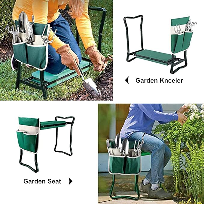 Foldable Garden Kneeler and Seat 2 in 1 Folding Stool with Large Tool Pouches Portable Foam Kneeling Pad Padded Seat Space Saving
