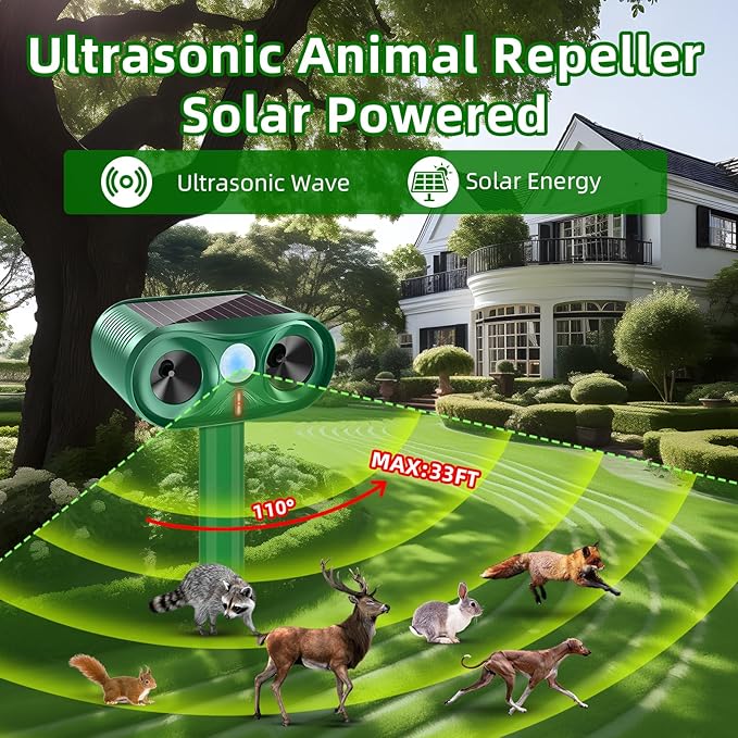 2025 4Pack Deer Deterrent Device Solar Animal Repeller Cat Repellent Outdoor Ultrasonic Animal Repellent with Motion Detection to Scare Coyote Rabbit Squirrel Skunk Dog Fox Repellent for Yard