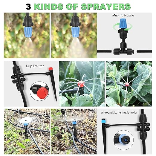 Drip Irrigation Kit – 2026 New Quick-Connect Micro Irrigation System with 46FT 1/2'' Tubing Locking Nozzle Emitters Adjustable Misting Sprayers for Gardens Lawns Raised Beds and Greenhouses