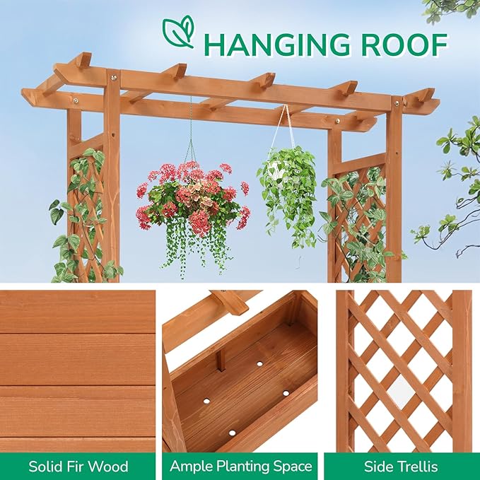 Vasitelan Raised Garden Bed with Trellis Wooden Elevated Planter Box w/Drainage Holes &amp Removable Bottom Panels for Climbing Vine Flower Indoor Outdoor Wood Planter for Yard Patio