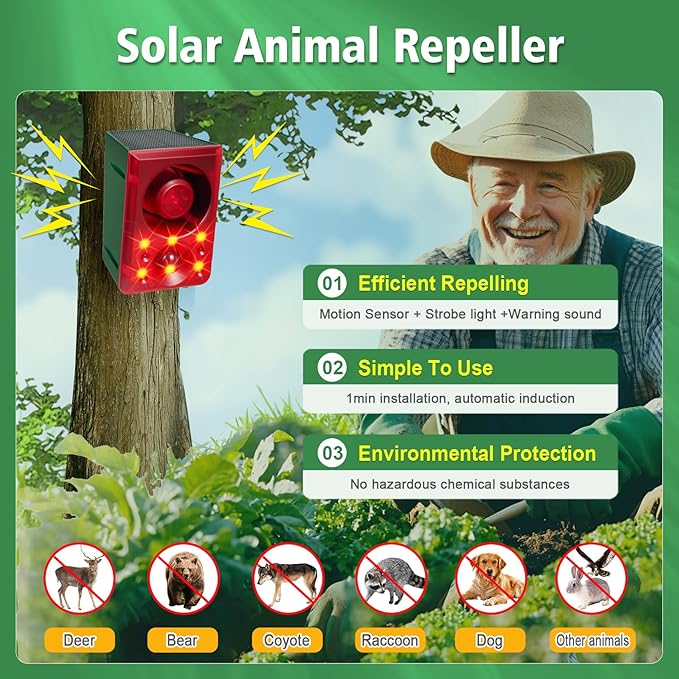 ChunHee Solar Animal Detterent OutdoorMotion Activated Deer DeterrentSupport Recording&amp±VolumeDeter Deer CoyoteRaccoon FoxSquirrels Deterrent for Garden Yard