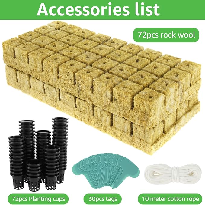 72 Set Rock Wool Cubes for Hydroponics Growing System 1.5inch Rock Wool Planting Cubes with 72 Net Cups 30 Label Good Absorption Hydroponics Mesh Net Cup Kit for Home Balcony Yellow