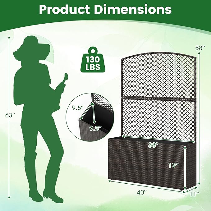 BECOMFORT 58”H Raised Garden Bed with Trellis Tall Wicker Planter Box with Privacy Screen Liner &amp Drainage for Balcony Yard PE Rattan Outdoor Flower Box for Climbing Plants Vegetables &amp Fl