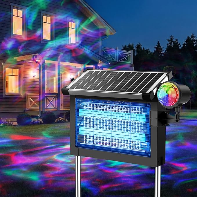 Solar Bug Zapper Outdoor Rechargeable &amp Solar Powered 4500V High Voltage for Effective Mosquito &amp Multi-Insect 14-Color Projector Light Waterproof for Camping Patio Courtyard Path Outdoor