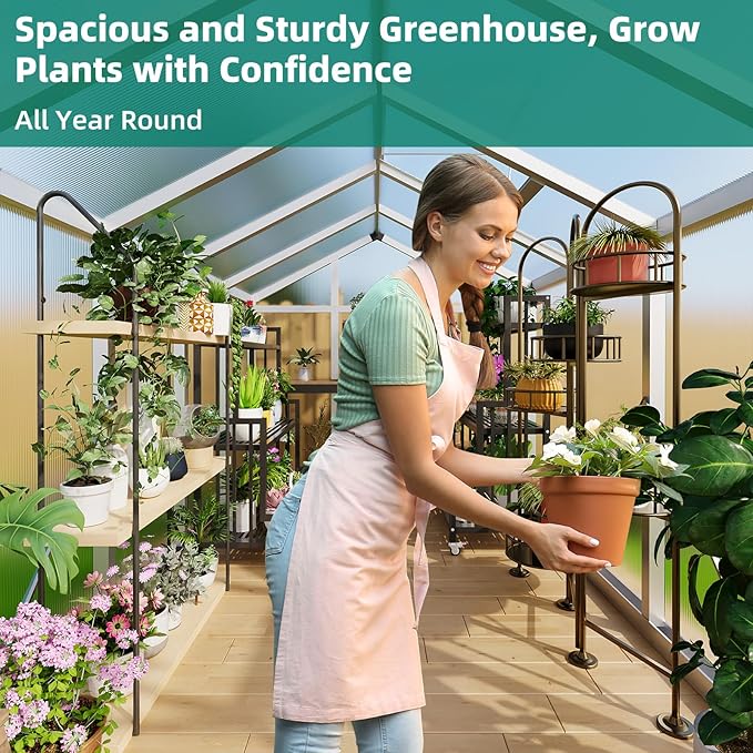 6x10 FT Greenhouse - Large Aluminum Greenhouses for Outdoors Heavy Duty Polycarbonate Greenhouse with Roof Vent&ampGround Nails Walk-in Green Houses for Garden Backyard Patio Easy Assembly