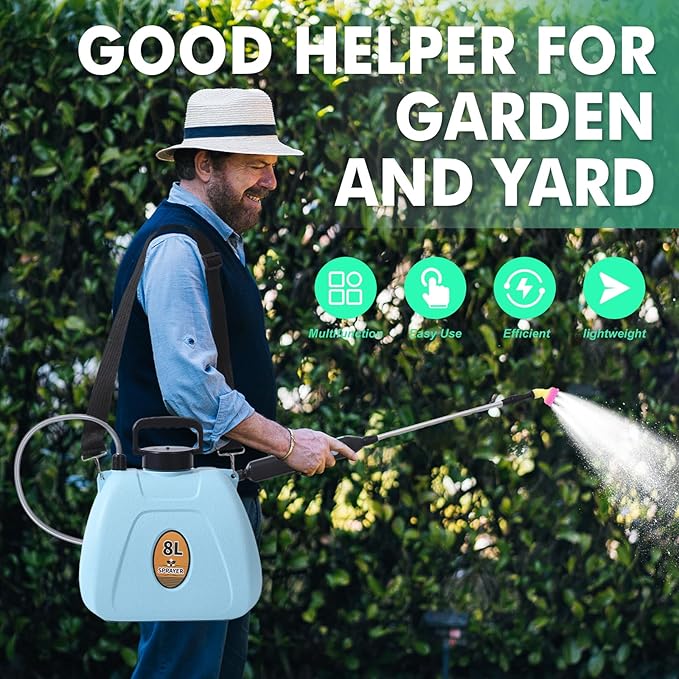 Battery Powered Sprayer 2 Gallon Electric Garden Sprayer with 3 Copper Nozzles 4 Spray Modes Type-C Rechargeable 30-60cm Retractable Wand Shoulder Strap for Lawn &amp Garden