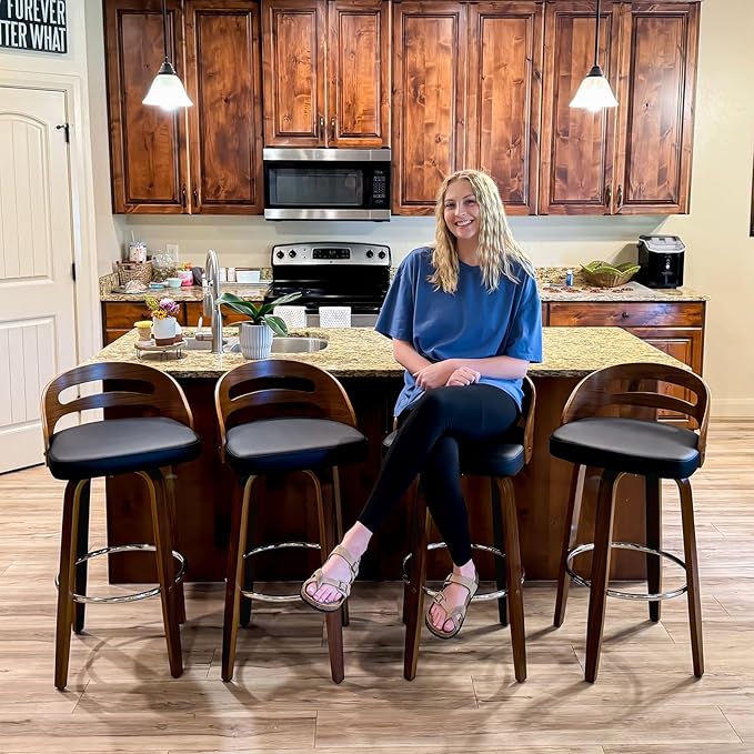Counter Stools Set of 4 Counter Height Bar Stools with Walnut Crafts Bentwood Curved Back Upholstered Faux Leather Soft Cushion Seat Swivel Counter Chairs for Island/Pub (Black 26 Seat Height)