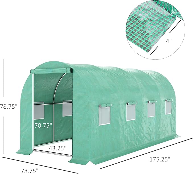 Outsunny 15' x 7' x 6.5' Walk-in Tunnel Hoop Greenhouse Green House for Outside with PE Cover Steel Frame Roll-Up Zipper Door &amp Windows for Flowers Vegetables Tropical Plants Green