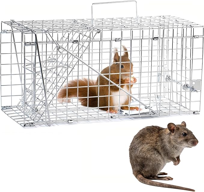 Live Squirrel Trap Foldable Heavy Duty Humane Animal Cage Trap Large Rat Trap Cage Catch and Release Chipmunk Rodent Trap that Work for Indoor and Outdoor - 17” L x 7.9” W x 7.5” H