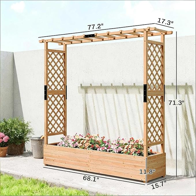 Vertical Space Saving Trellis Planter Box - All-in-One Fir Wood Design with Drainage Grows Climbing Roses Cucumbers &amp More in Small Areas