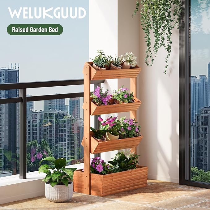 Vertical Wooden Raised Garden Bed Garden Planters Freestanding Wood Plant Stand Flower Rack Wooden Planter Box for Plants Herbs Flowers Vegetables Outdoor Indoor Gardening (4-Tier Brown)