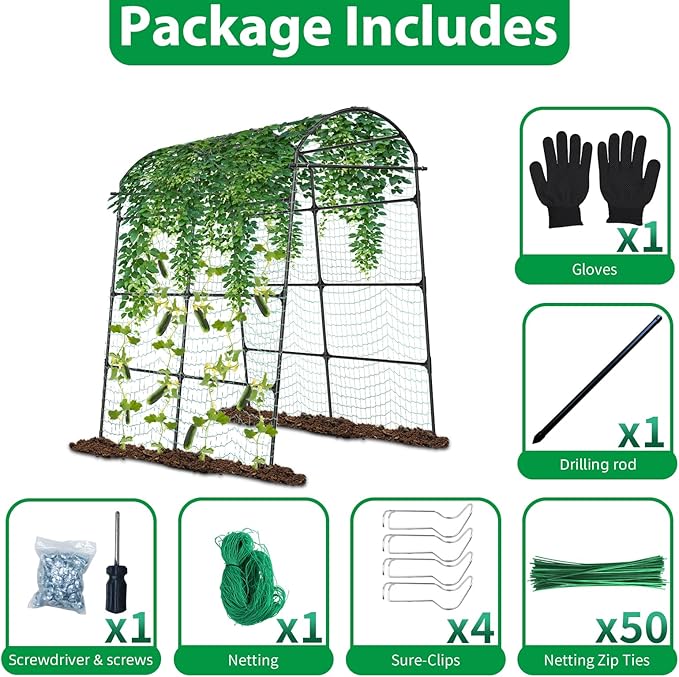Garden Trellis Arch for Climbing Plants Outdoor - 84 x 72 Inch Cucumber Garden Arch Trellis with Netting Large Mental for Archway Walkway Arbor Flower Vegetables Plants Yard Lawn