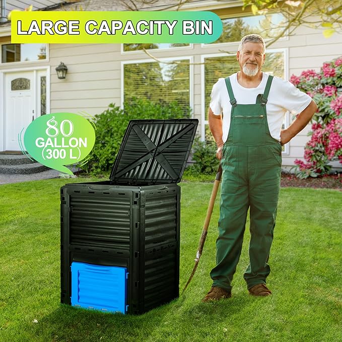 Garden Compost Bin 80 Gallon (300L) Large Outdoor Composter from PP MaterialComposting Box Easy Assembly &amp Many Vents Fast Creation of Fertile Soil Lightweight &amp Sturdy