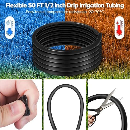 50 Ft 1/2'' Hose Drip Irrigation Tubing Kit Automatic Garden Watering Plants with 4 Quick Way Connectors and 1 Barbed