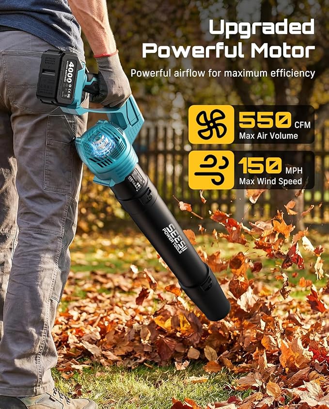 SEESII Leaf Blower Cordless Rotated 180° Electric Leaf Blower with 2 * 4.0Ah Batteries and Charger 550CFM 150MPH Lightweight Blower with 5 Speed Mode for Lawn Care Yard Patio &amp Outdoor Use
