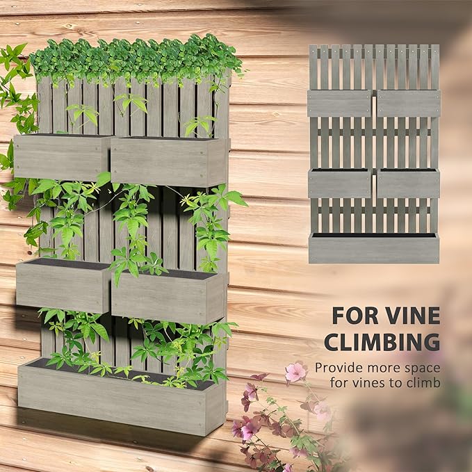 Outsunny 5 Box Raised Garden Bed with Trellis for Vine Flowers &amp Climbing Plants 39 Tall Wall-Mounted Wood Planter Box Set with Adjustable Height Drainage Hole Gray
