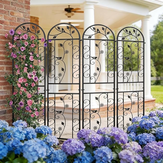 4 Pack 87x20in Garden Trellises Daisy &amp Bird Black Metal Coated Rustproof Trellis for Climbing Plants Outdoor Roses Vegetables Vines Cucumbers