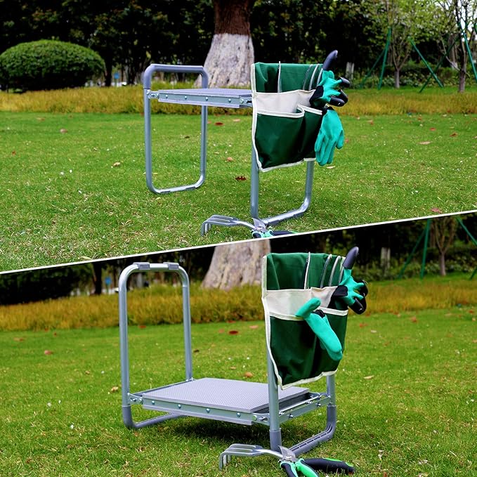BDL Garden Kneeler Seat Foldable Durable Garden Stool with Tool Bag Pouch and Garden Gloves 330lb Capacity-Protects Your Knees Clothes from Dirt &amp Grass Stains
