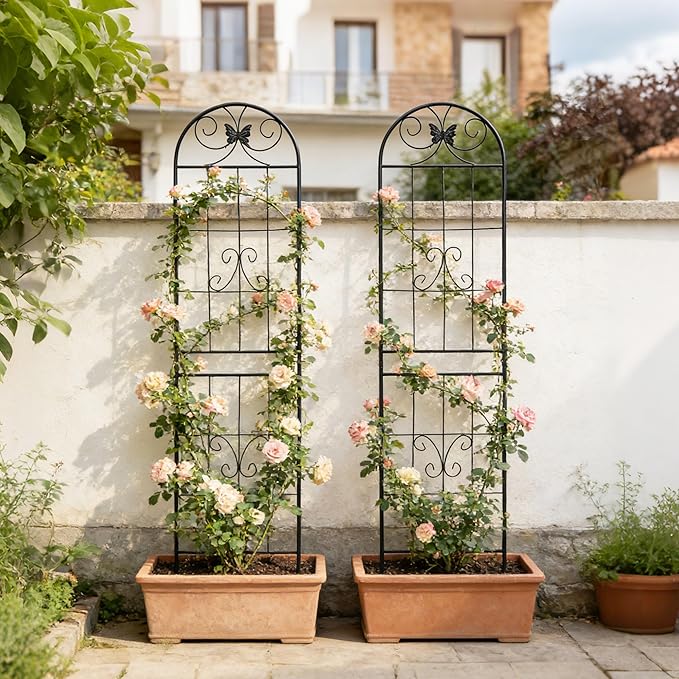 2 Pack Large Garden Trellis Heavy Duty Rustproof Iron Plant Trellis for Potted Plant Support Metal Climbing Rose Trellis Vine Vegetable CucumberBlack-86.7 H x 19.7 W