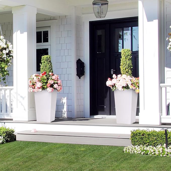 GarveeLife 22.5 in Tall Planters Set of 2 Outdoor＆Indoor Black Planter Pots High Front Porch Planter Pots with Drainage Holes＆Water Level Monitor＆Inner Bucket Automatic Watering White