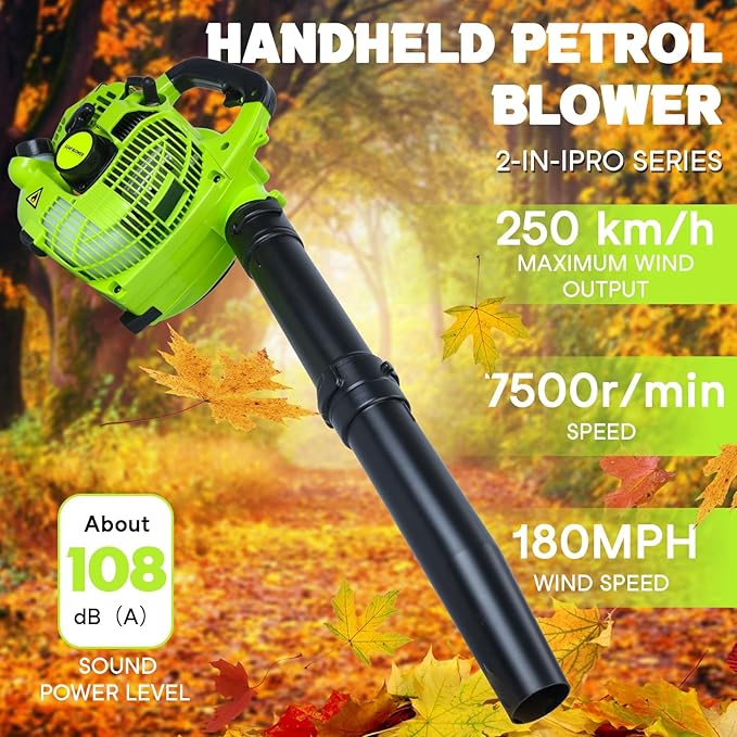 2-Stroke Handheld Leaf Blower Gas Powered Leaf Blower 26cc Gas Grass Sweeper Handheld Petrol Blower Powerful Clearing Blower for Lawn Care Snow Blowing and Yard Cleaning US Green